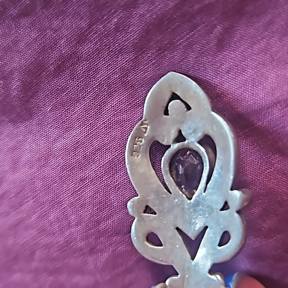 Vintage sterling silver retro marcasite 1.75" pendant with teardrop amethyst - Picture 8 of 8